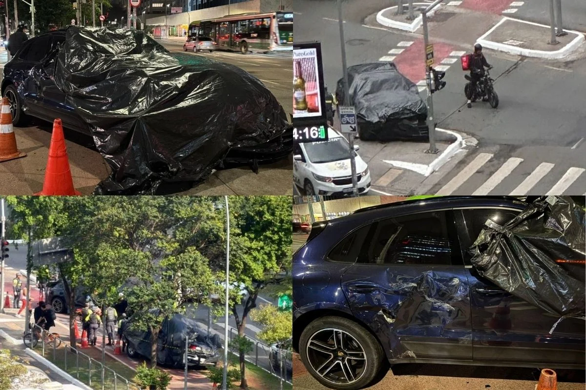 Viatura da Polícia Militar e Porsche Macan danificadas após colisão