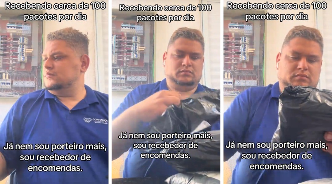 Porteiro uniformizado organiza pacotes e envelopes na guarita