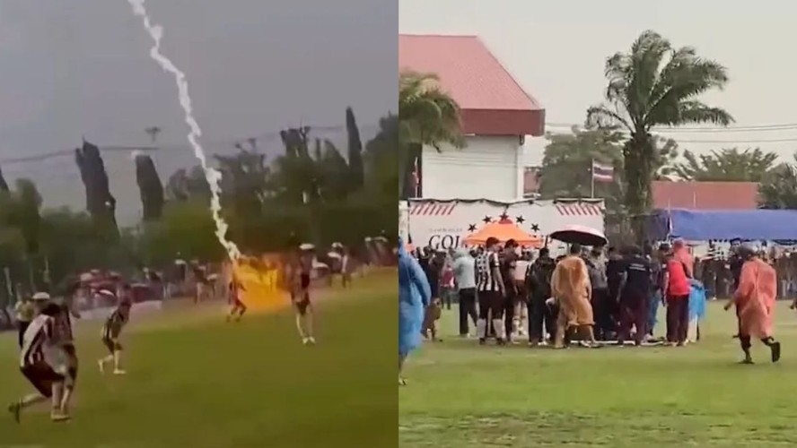 Campo de futebol atingido por raio durante tempestade na Tailândia