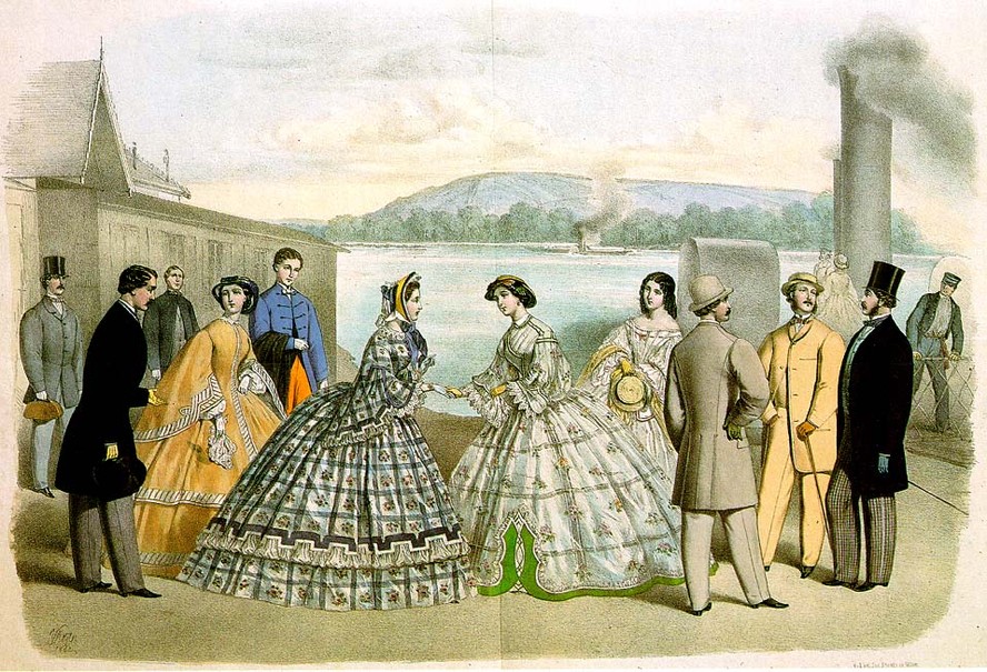 Ilustração de moda vitoriana com mulheres usando vestidos volumosos