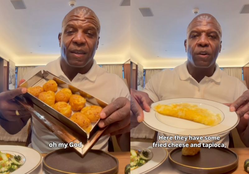 Terry Crews come pão de queijo durante visita a São Paulo