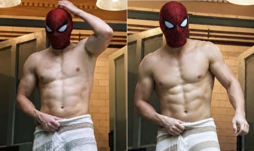 Tom Holland sem camisa em cena de Homem-Aranha