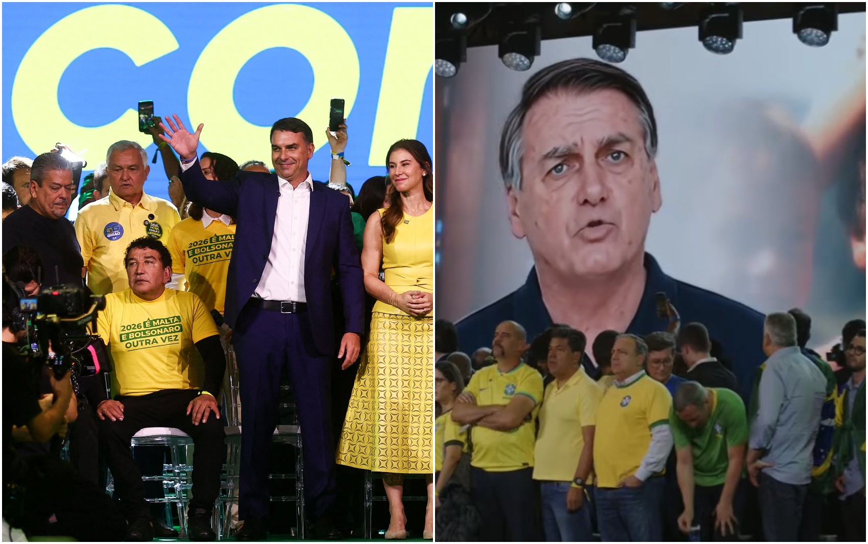 Flávio Bolsonaro discursa enquanto vídeo de Jair Bolsonaro é exibido
