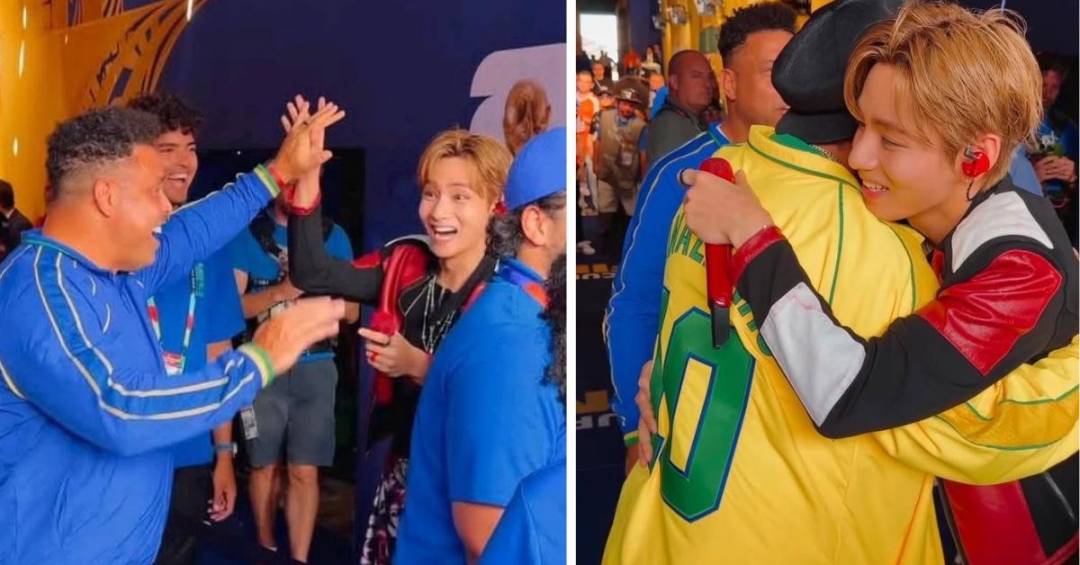 V, do BTS, com Ronaldo Fenômeno e Ronaldinho Gaúcho