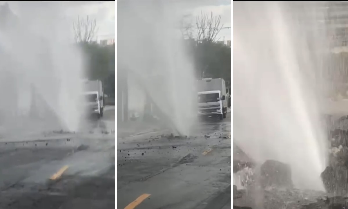Água jorra de vazamento na Rua Érico Veríssimo, no Butantã