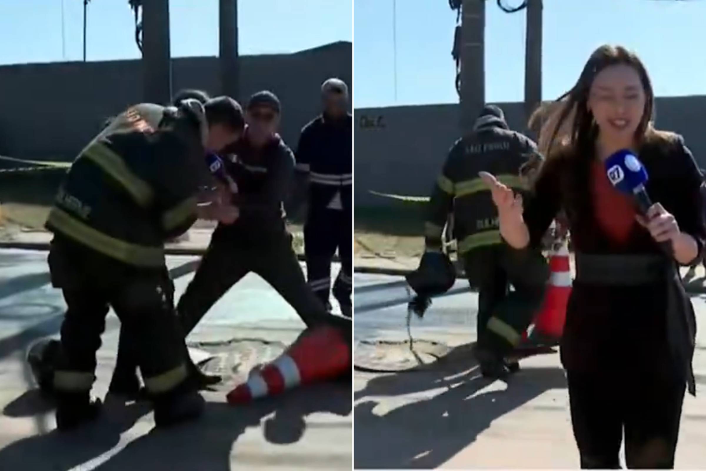 Paola Vianna durante cobertura de incêndio em Itaquaquecetuba