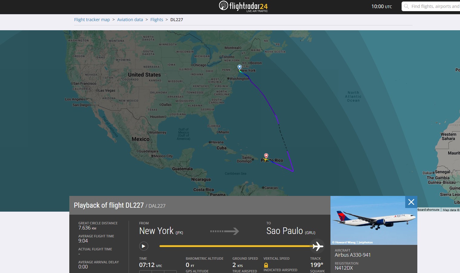Mapa mostra a rota do voo Delta DL227 entre Nova York, Porto Rico e Guarulhos