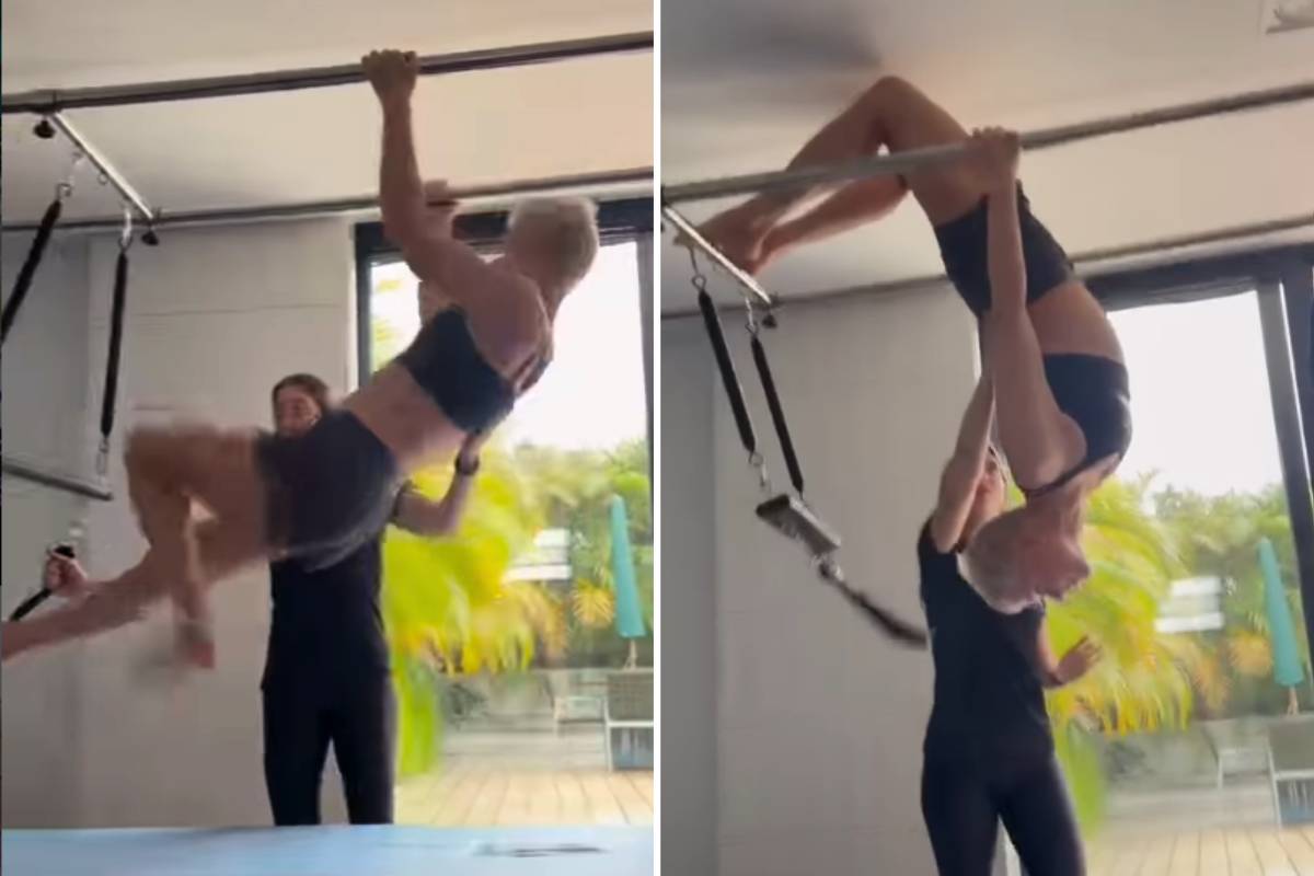 Xuxa Meneghel durante treino de pilates