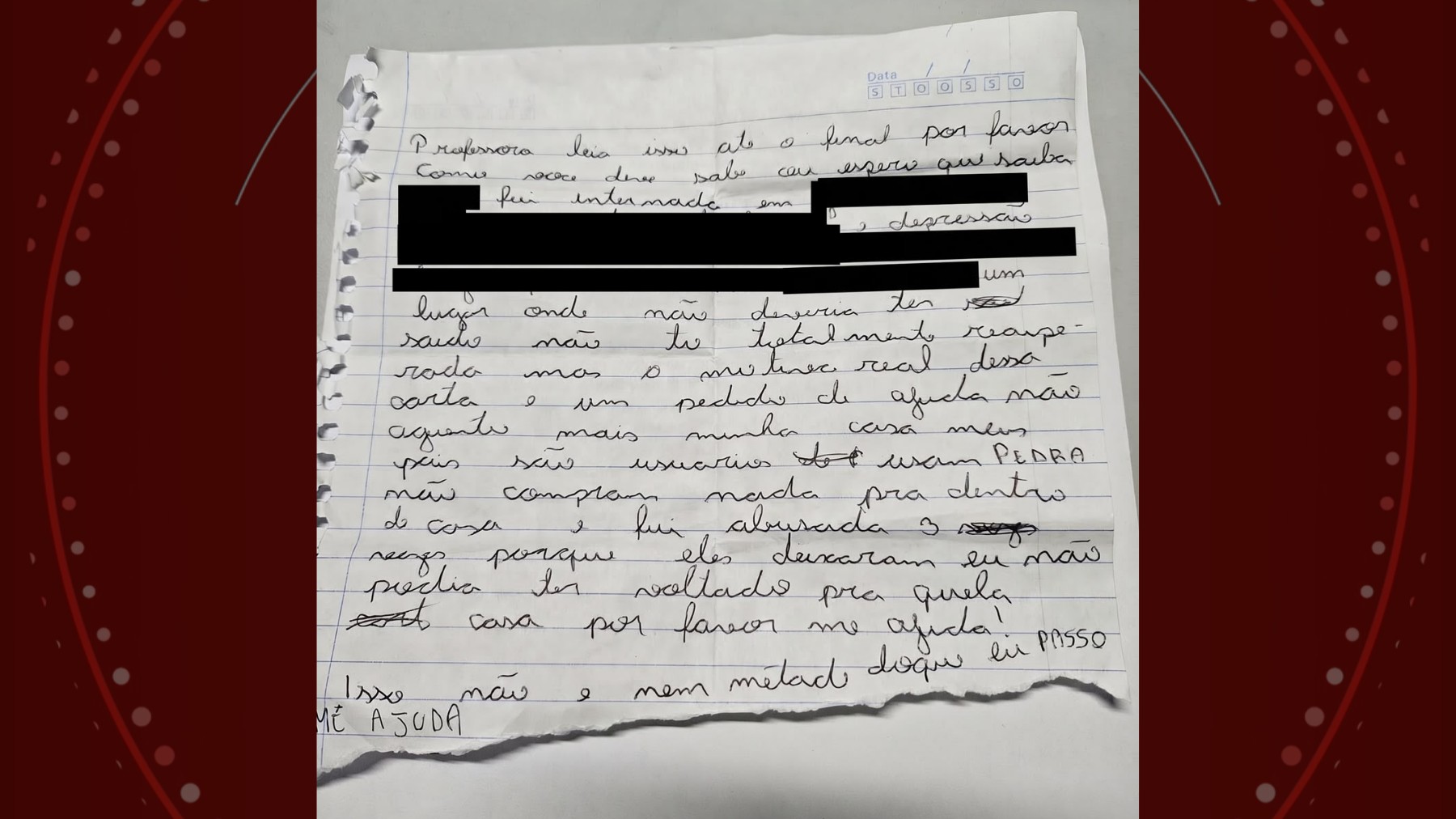Carta manuscrita de adolescente com trechos censurados