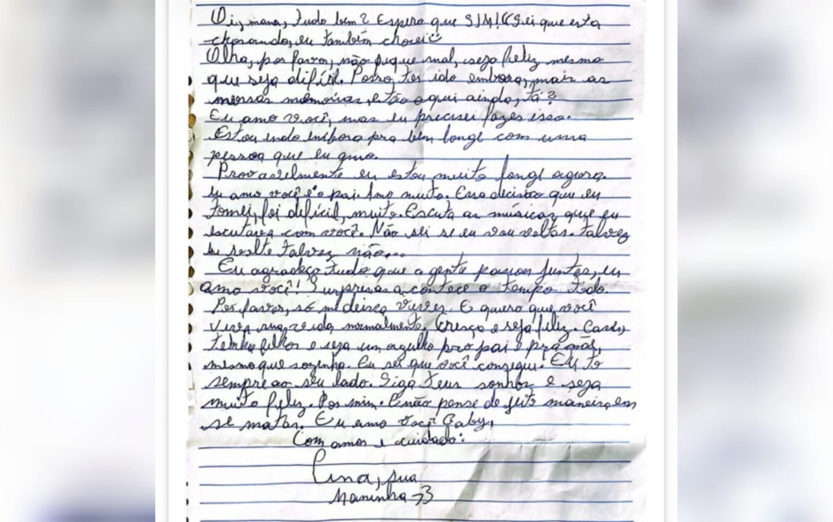 Carta deixada por Ana Clara Alves Silva antes de desaparecer em Anápolis