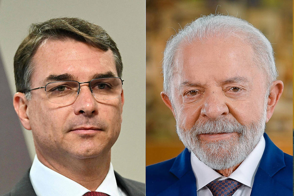 Flávio Bolsonaro e Lula em retratos lado a lado
