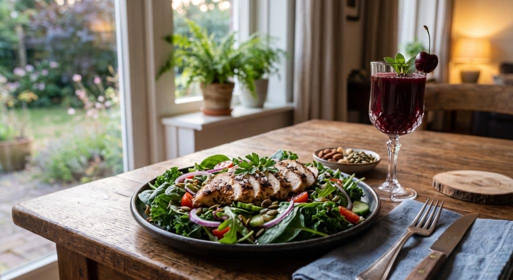 Salada de folhas escuras com frango grelhado, suco de cereja e frutas