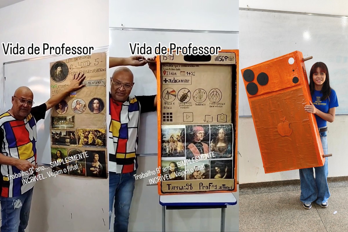 Professor Lantieri e a aluna Eloá com celular de papelão