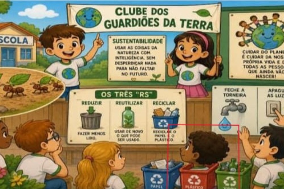 Ilustração de menino negro dentro de lixeira reciclável em atividade escolar