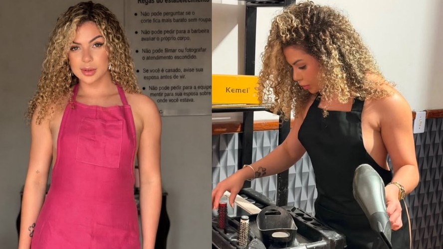 Daniella Motta em barbearia nudista