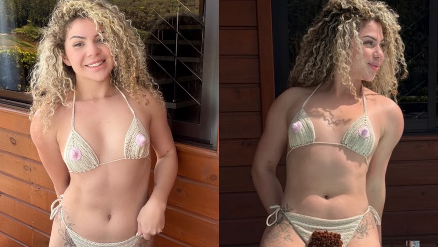 Daniella Motta usa biquíni com aplicação que imita pelos pubianos