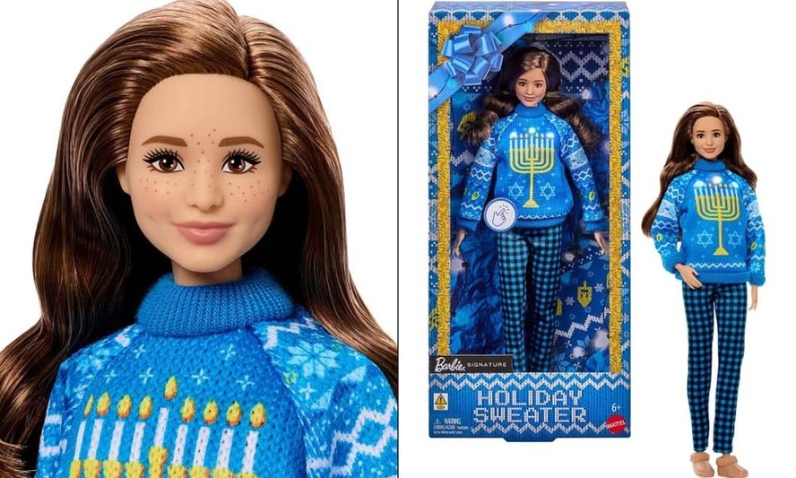 Barbie de Hanukkah com suéter azul, leggings xadrez e botas