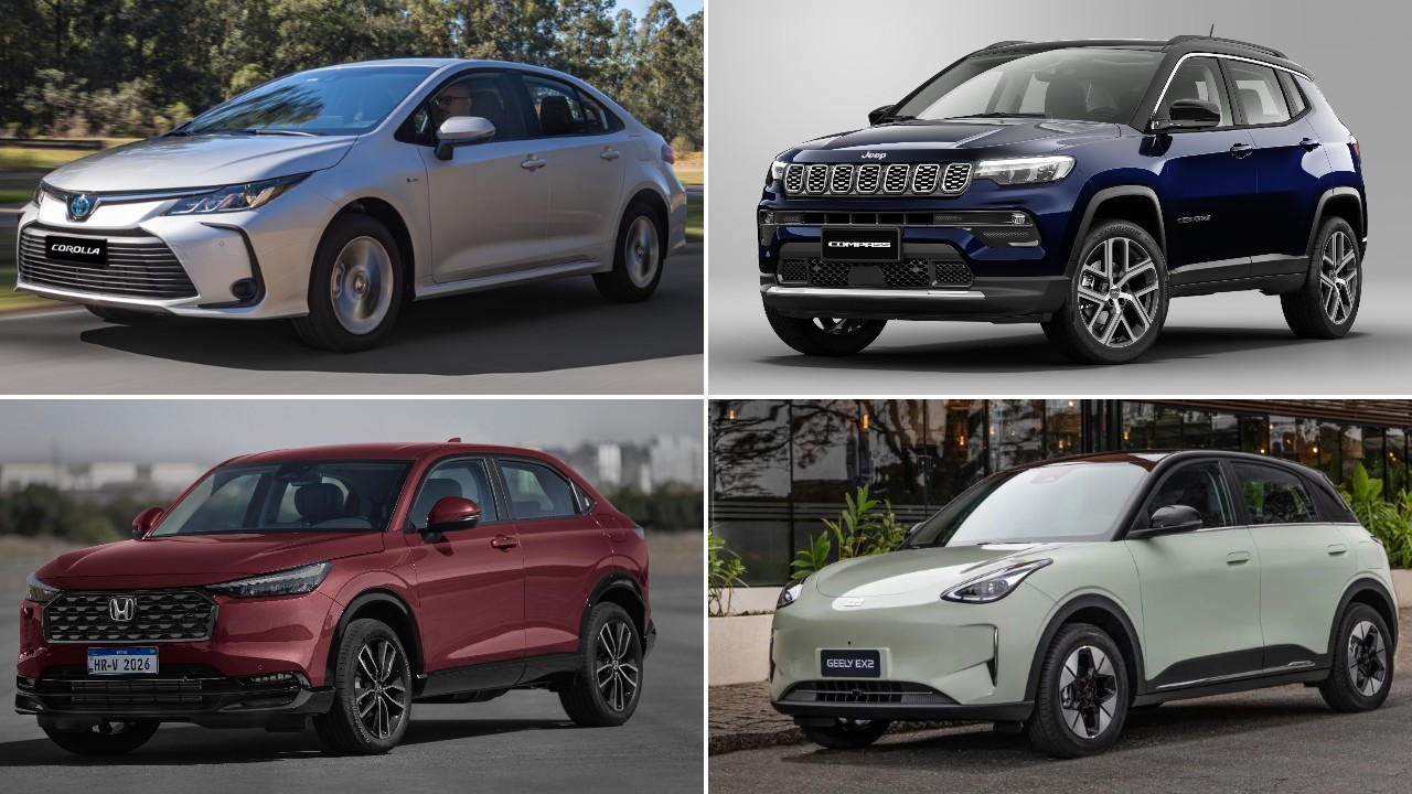 Modelos Toyota, Honda, Jeep e Geely reunidos em montagem