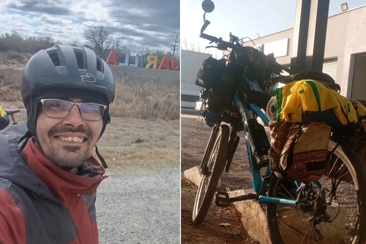 Georgios Beinis ao lado de sua bicicleta durante viagem à Argentina