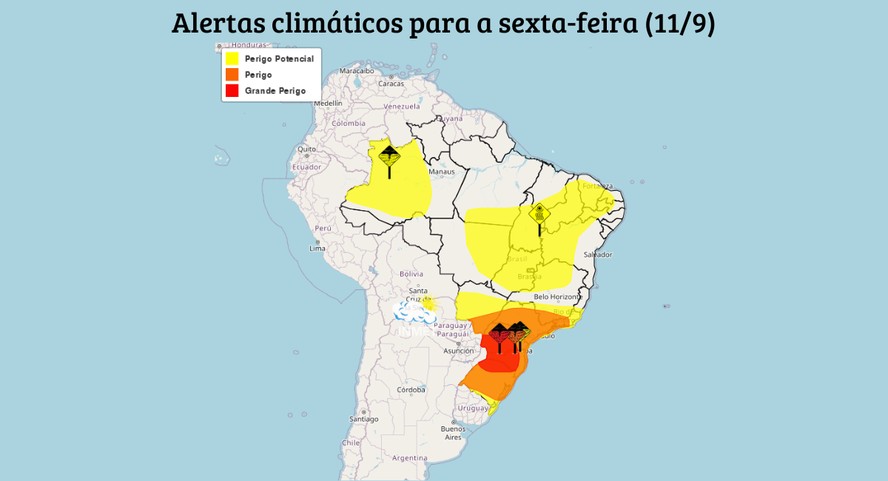 Mapa de alertas climáticos do Inmet para esta sexta-feira