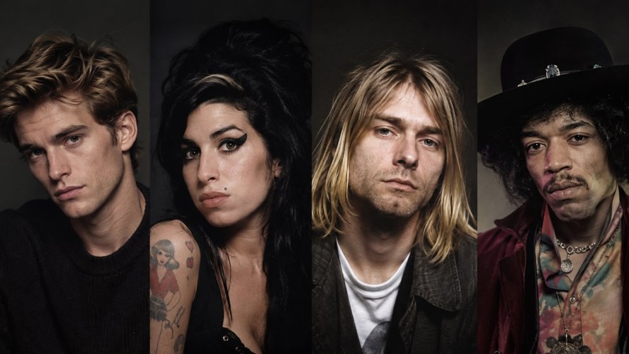 Montagem com Presley Gerber, Amy Winehouse, Kurt Cobain e Jimi Hendrix