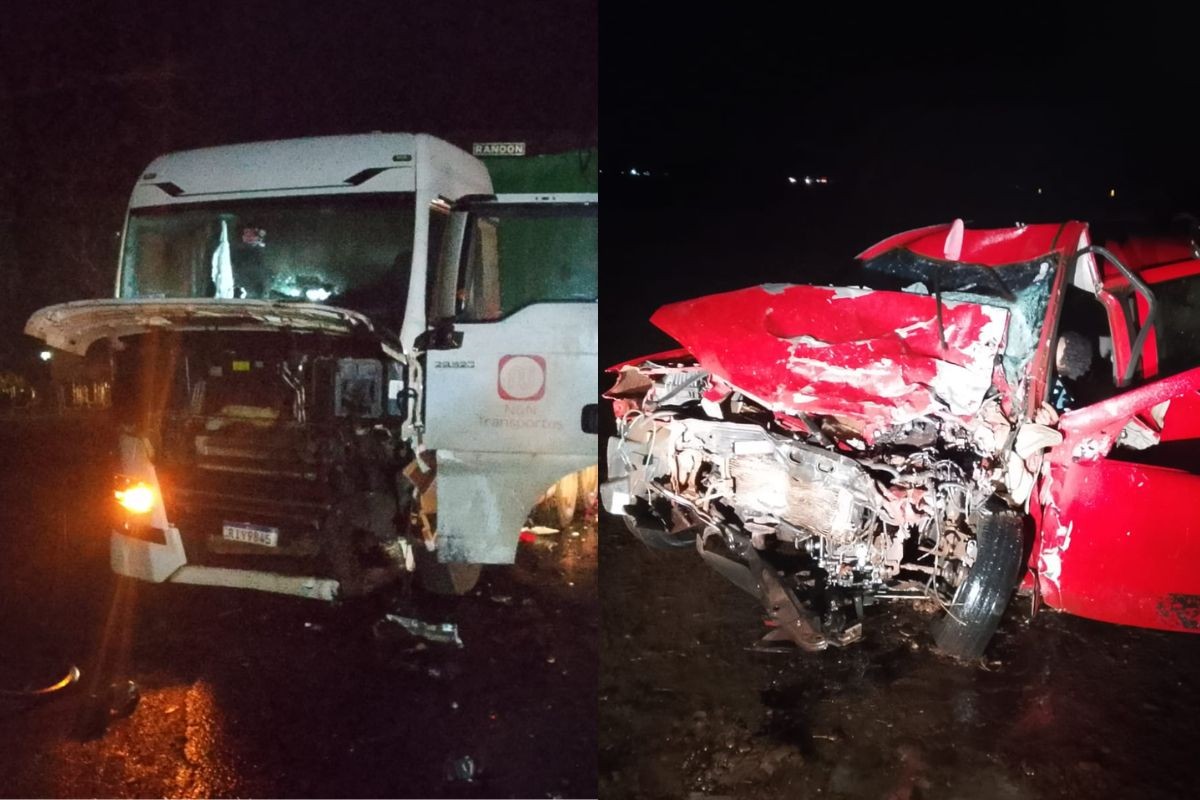 Fiat Palio destruído após colisão frontal com carreta na BR-158