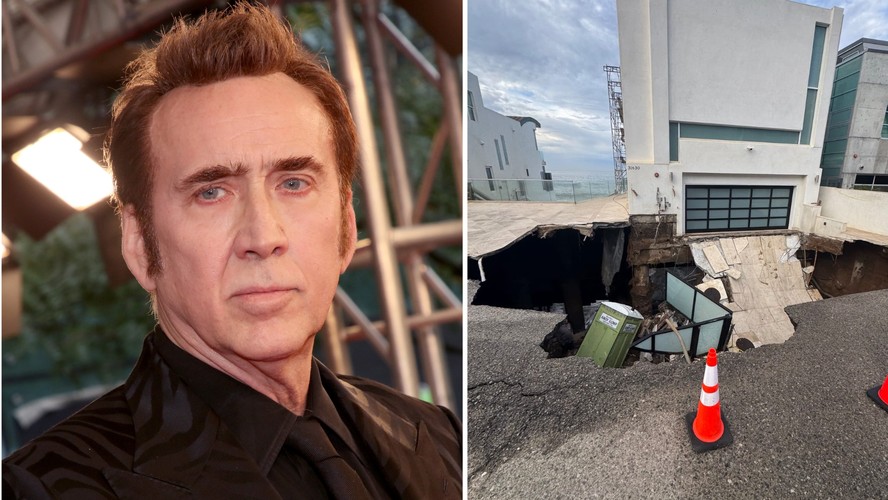 Nicolas Cage e cratera na entrada de sua mansão em Malibu