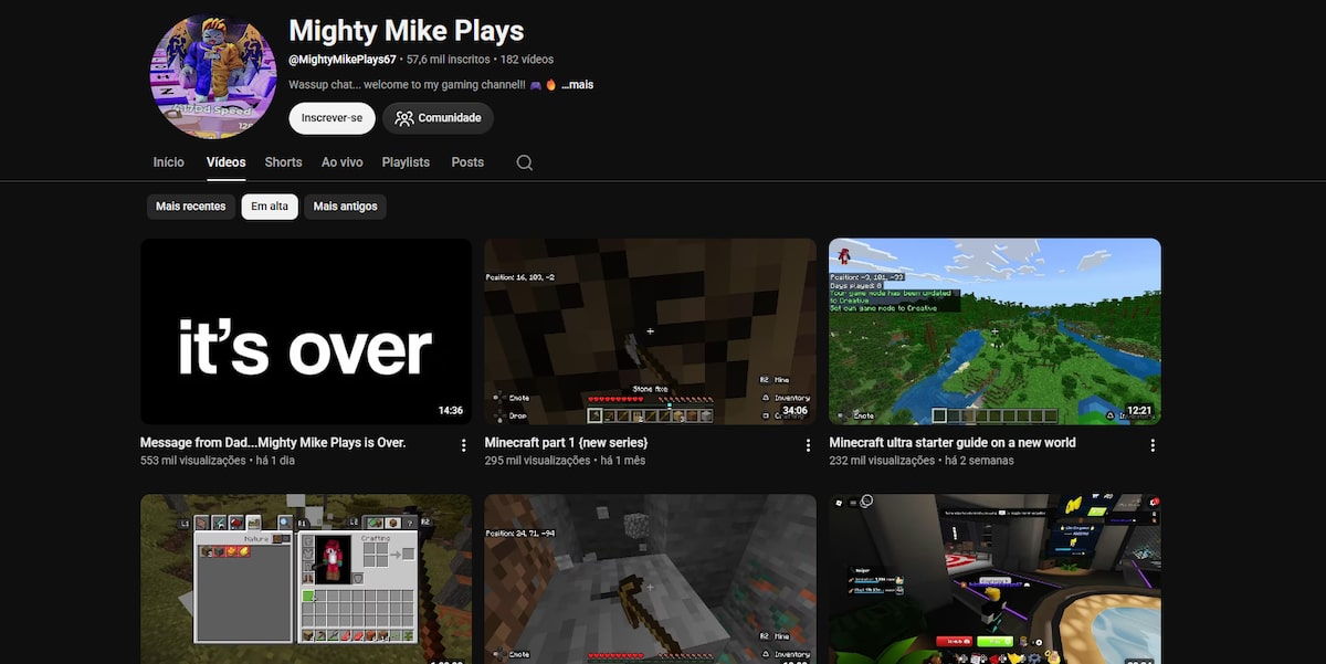 Tela do canal Mighty Mike Plays no YouTube