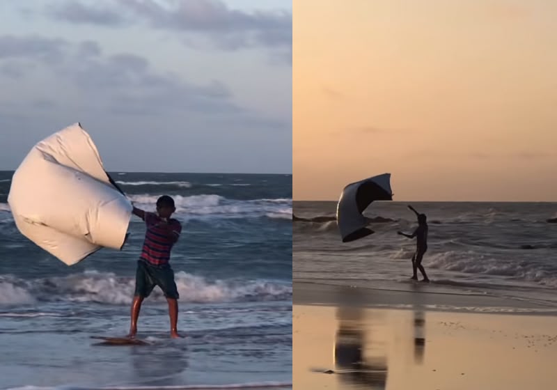 Criança segura lona improvisada para praticar kitesurf na Praia de Curimãs