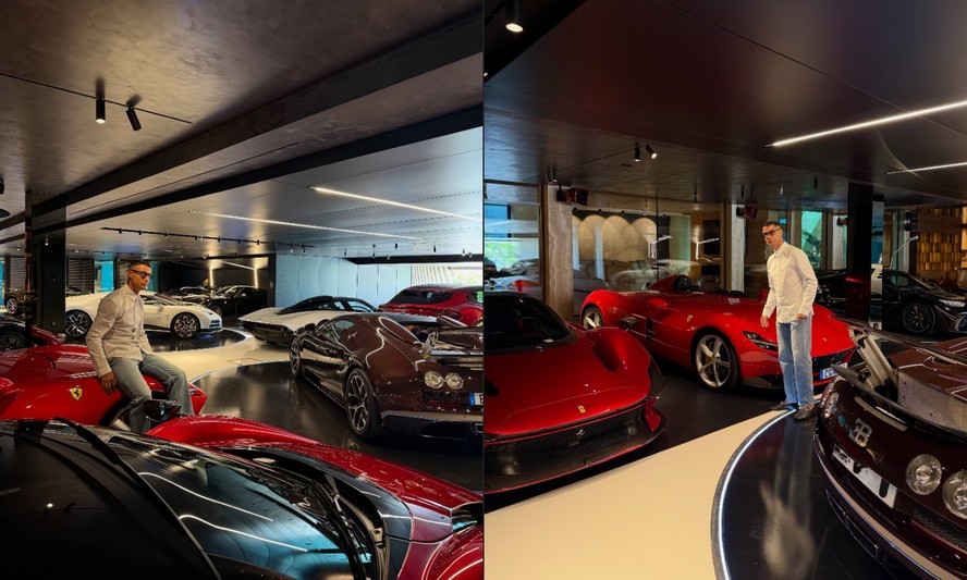 Cristiano Ronaldo ao lado de carros de luxo em garagem