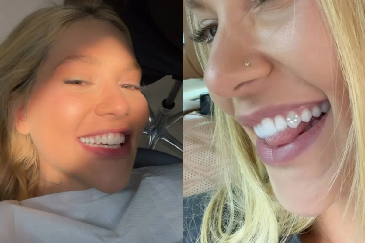 Virginia Fonseca com joia em formato de V nos dentes