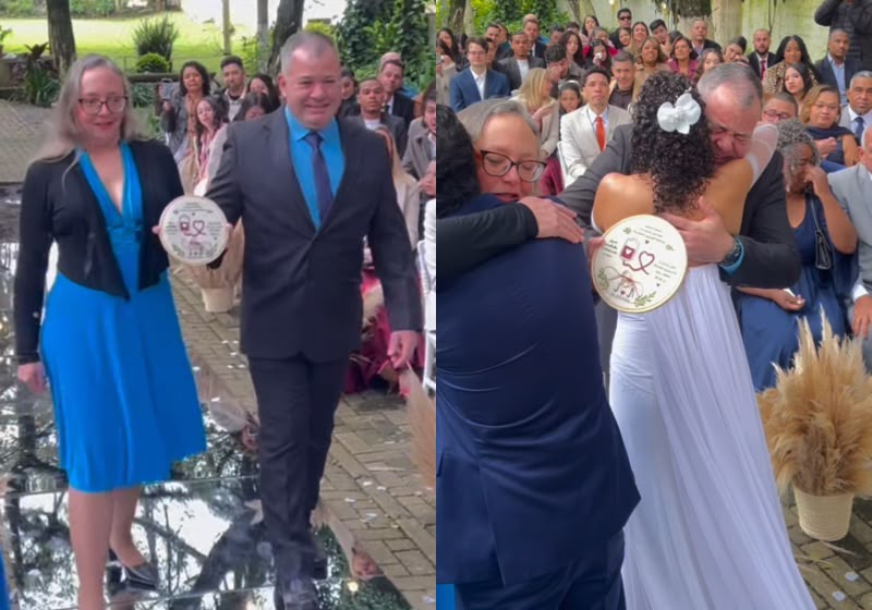 Jemima Lima abraça Rafael Pereira Nielsen durante cerimônia de casamento