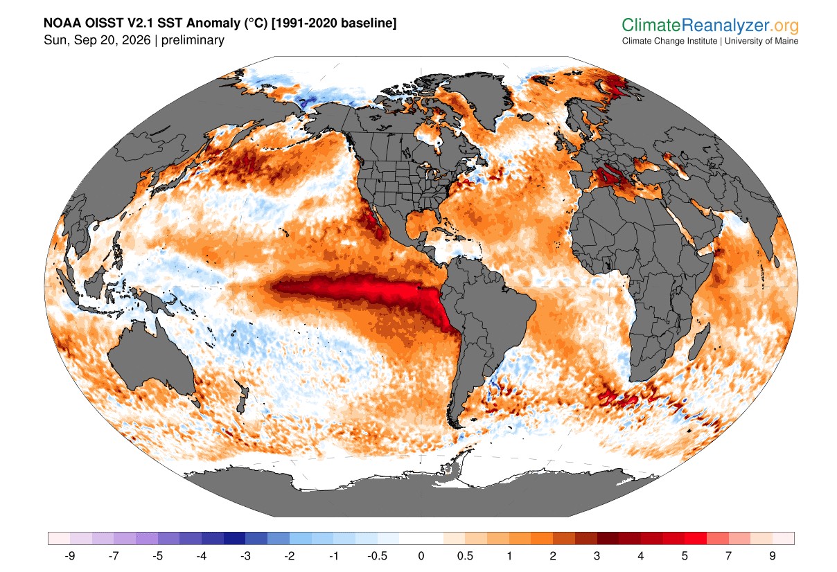 Mapa do Pacífico Equatorial com áreas de aquecimento da água