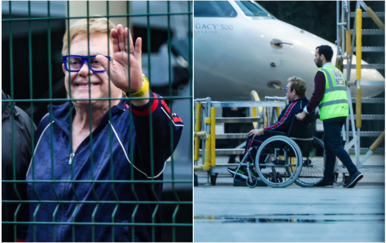 Elton John em cadeira de rodas no aeroporto do Galeão