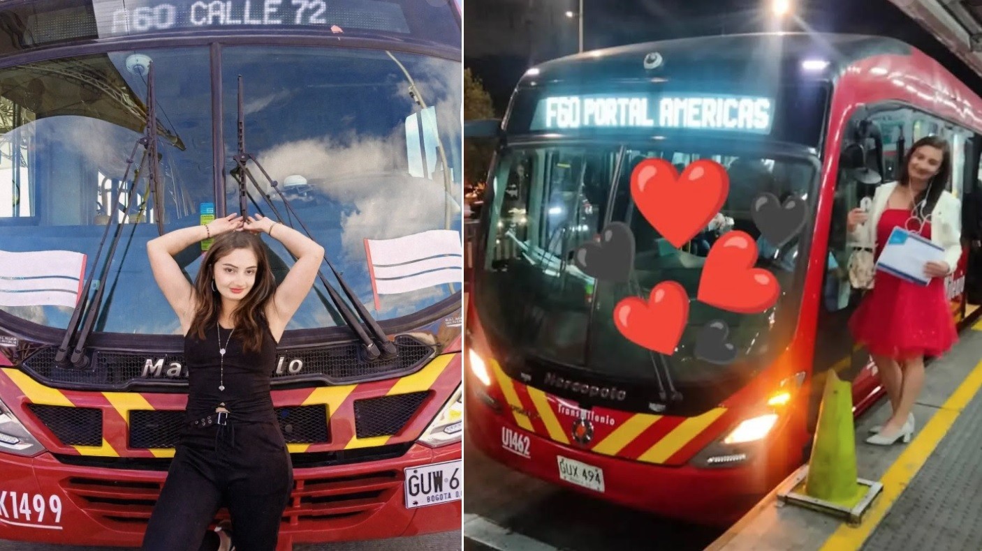 Yeline Lizbeth Patiño com vestido branco durante cerimônia com ônibus