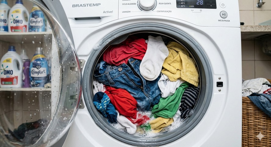 Jeans e outras roupas dentro de máquina de lavar
