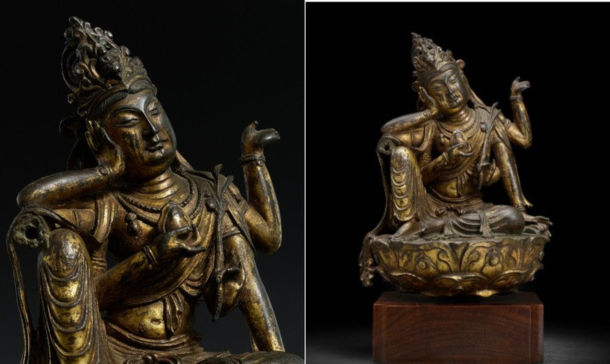 Escultura de bronze dourado de Cintamanicakra Avalokiteshvara
