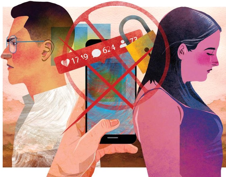Ilustração sobre exposição de ex-companheiros nas redes sociais