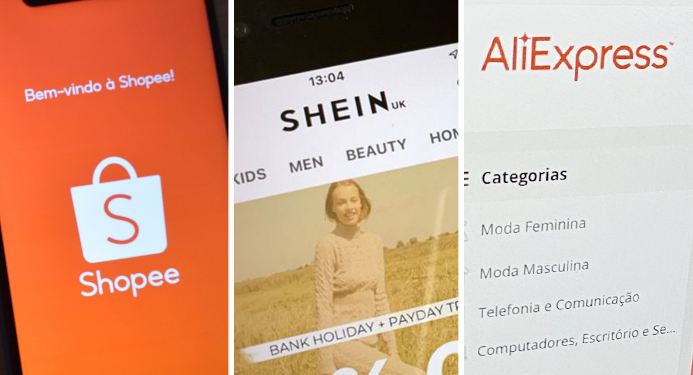Aplicativos da Shopee, Shein e AliExpress em celulares