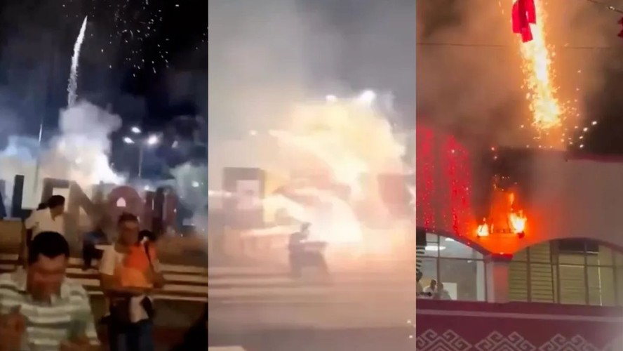 Fogos de artifício explodem sobre praça durante festa em Palenque, no México