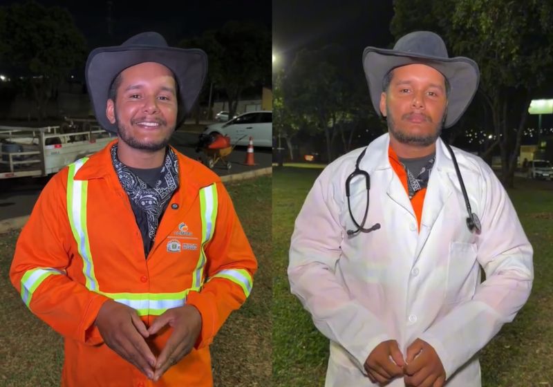 Luiz Junio Cardoso Teles com uniforme de gari e beca de formatura
