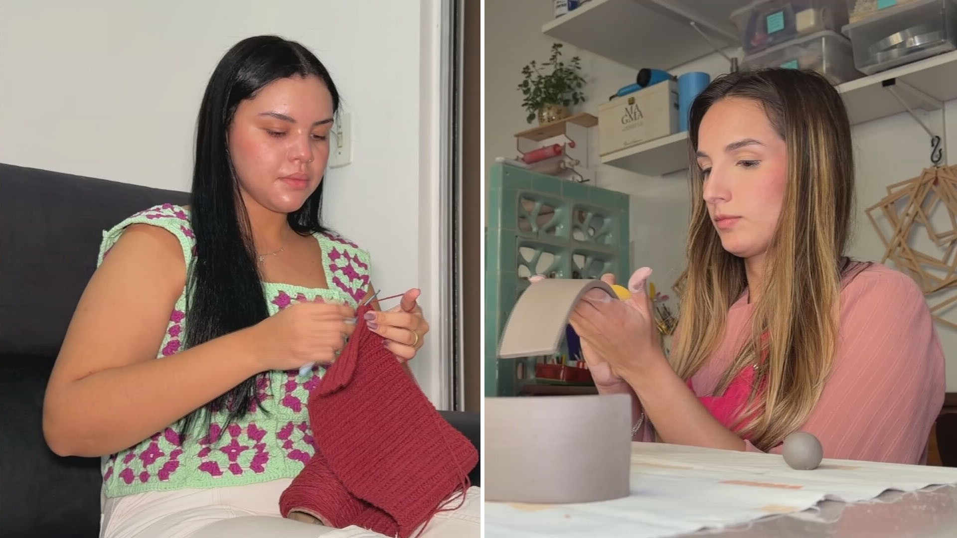 Rhayanne Ferreira e Larissa Locatelli praticam crochê e cerâmica