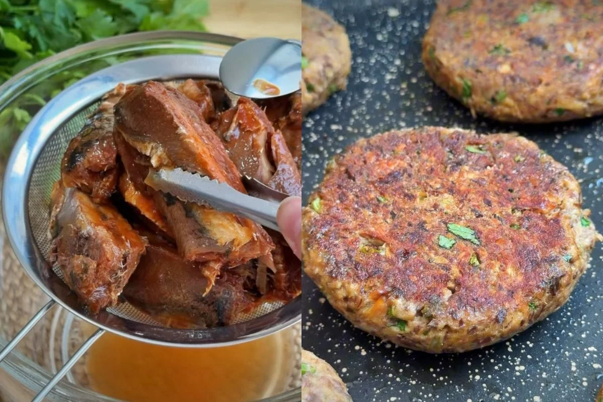 Hambúrguer de sardinha preparado em frigideira