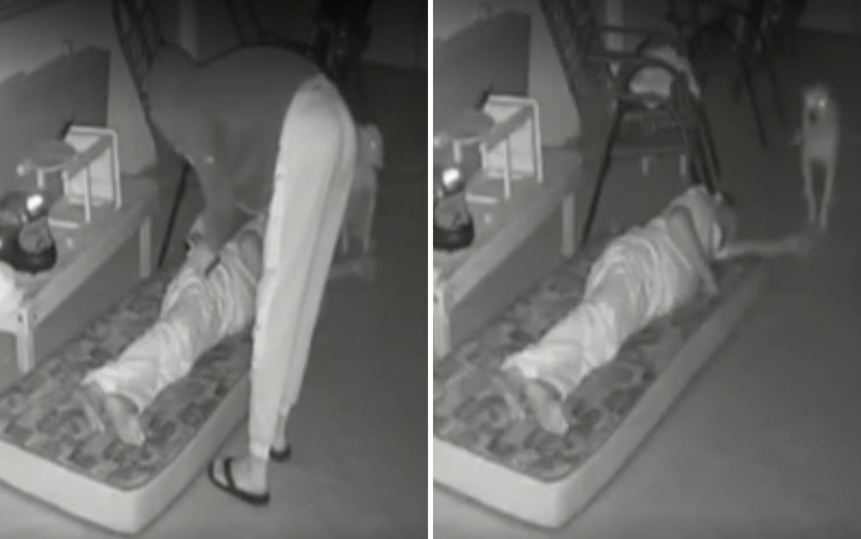 Homem se aproxima de morador que dorme em colchão no quintal