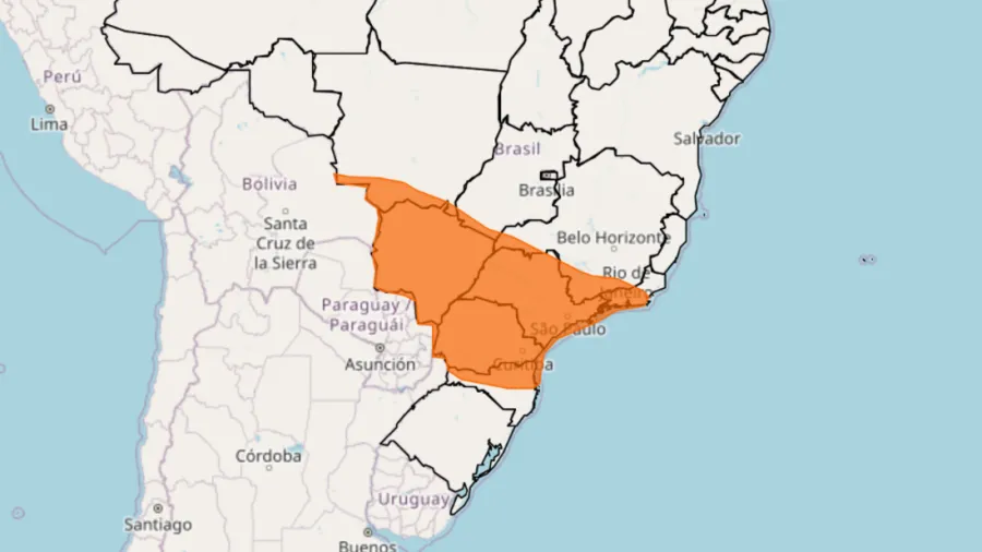 Mapa de alerta laranja do Inmet para temporais e ventos fortes