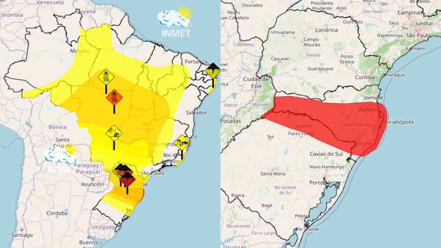 Mapa do Inmet indica alerta vermelho para tempestades no Sul do Brasil