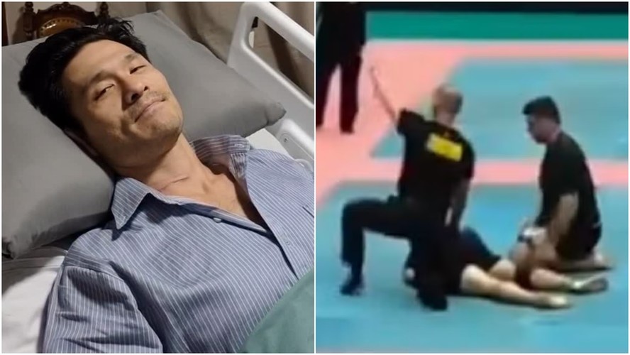 Willian Kabuto Masuda recebe atendimento após lesão em luta de jiu-jítsu