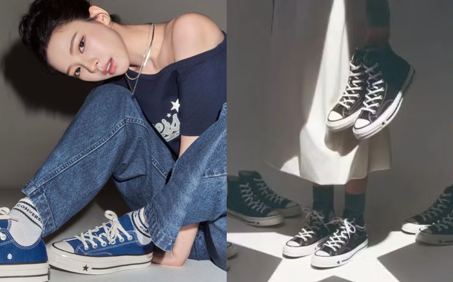 Karina segura tênis pretos em campanha da Converse