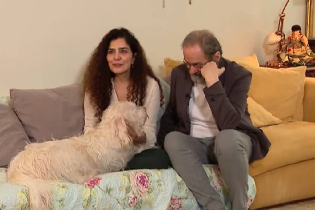 Letícia Sabatella e Daniel Dantas com o cachorro Bertoldo
