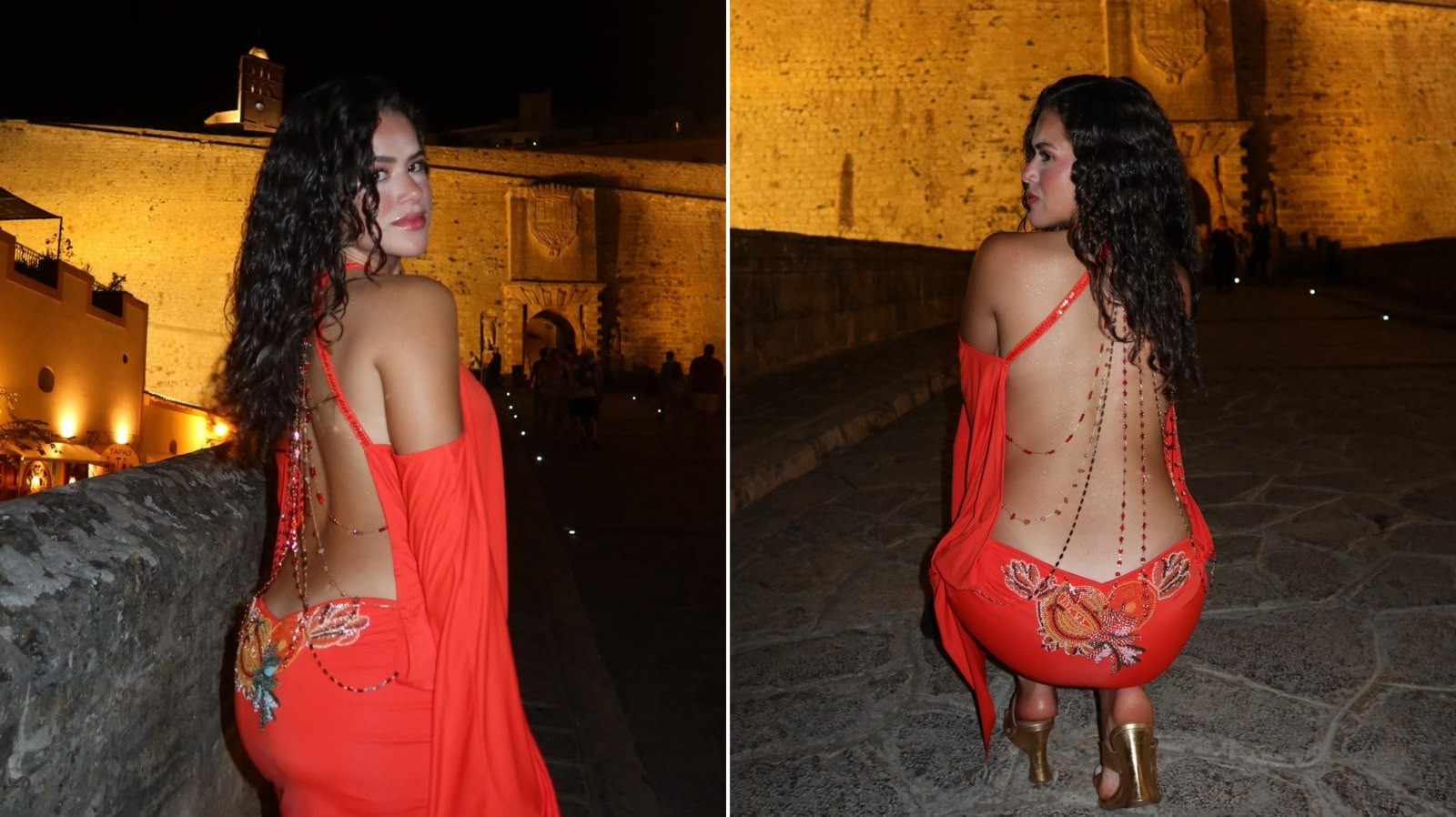 Maisa usa vestido laranja com costas à mostra